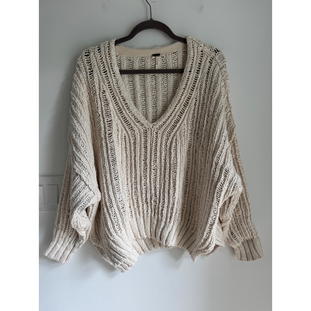Free People Cream Chunky Open Stitch Ribbed V-Neck Cotton Sweater M